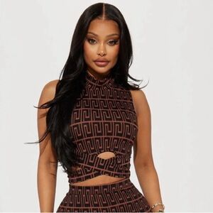 Fashion Nova Geometric Patterned Black and Brown Top